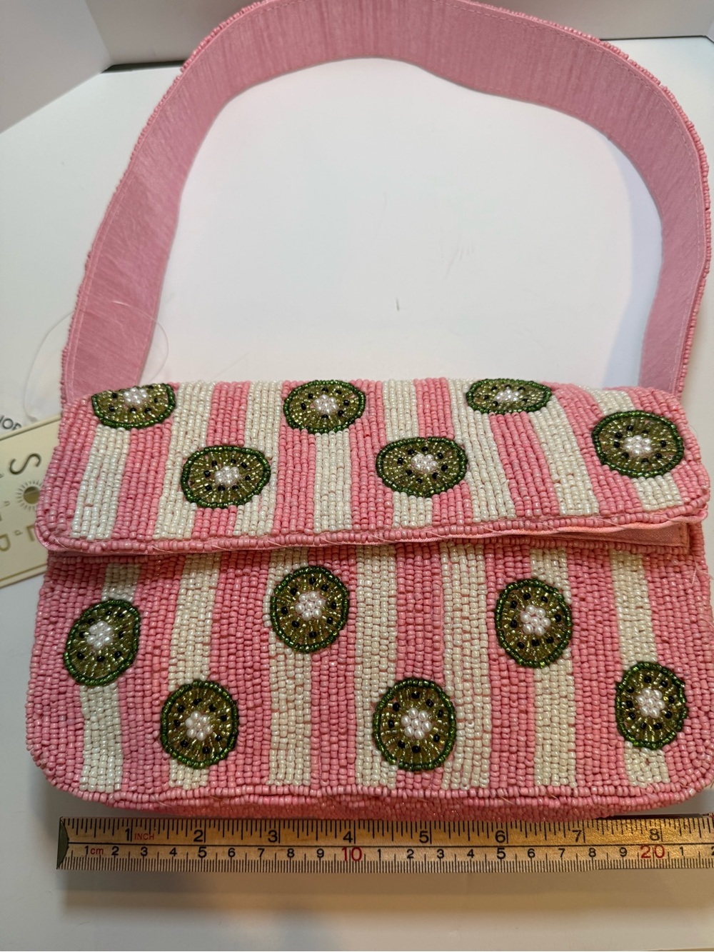 * Pink & White Striped Beaded Shoulder Bag with Green Kiwi Design